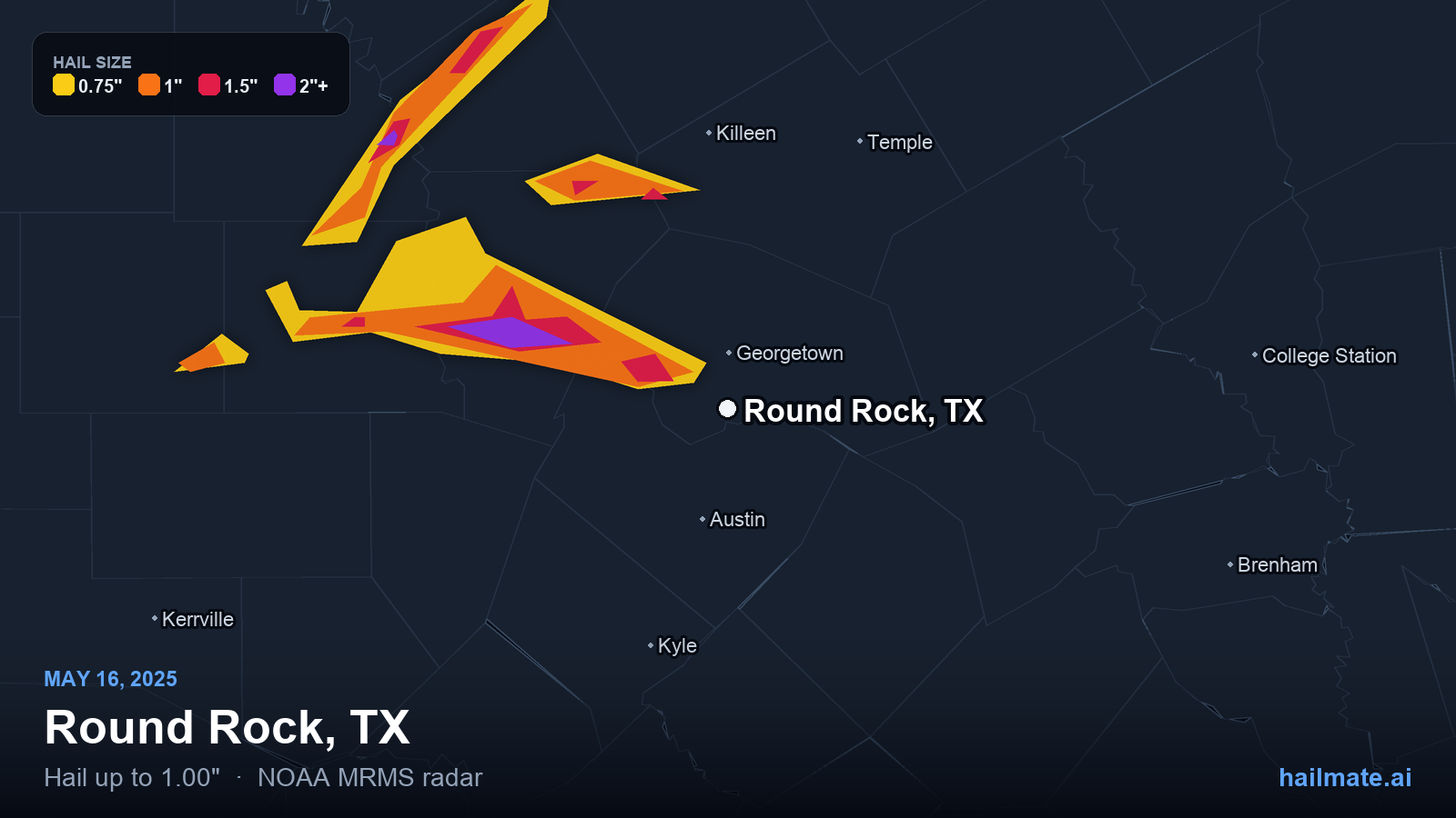 Hail swath map for Round Rock, TX on May 16, 2025 showing 1.00 inch hail.