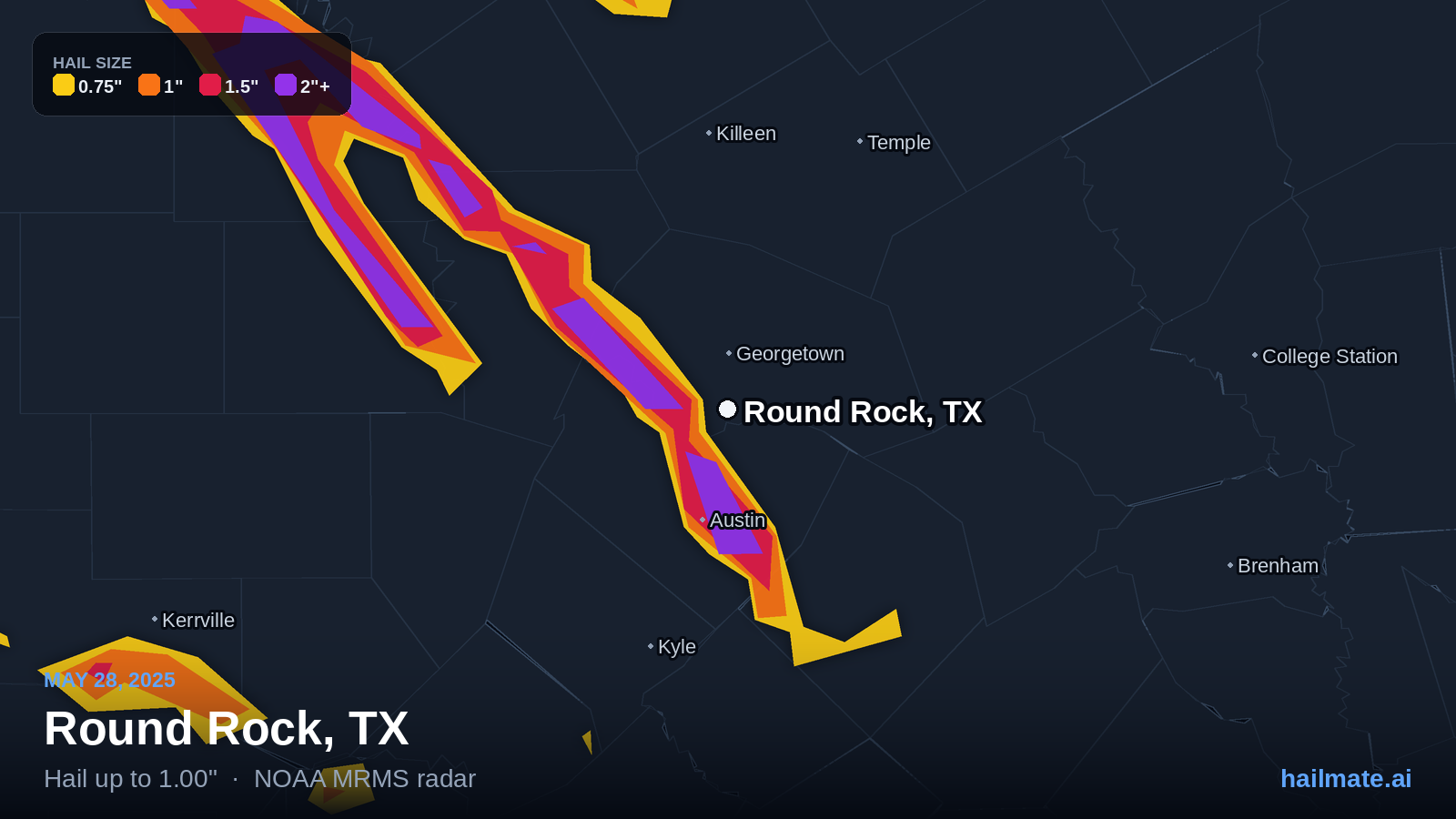 Hail swath map for Round Rock, TX on May 28, 2025 showing 1.00 inch hail.