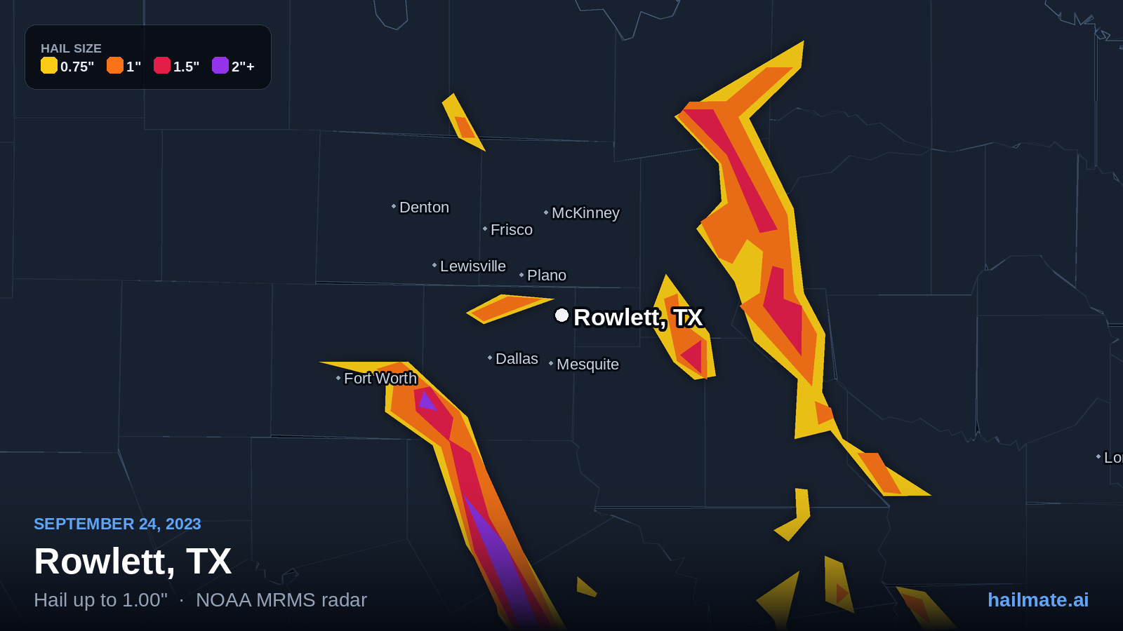 Hail swath map for Rowlett, TX on September 24, 2023 showing 1.00 inch hail.