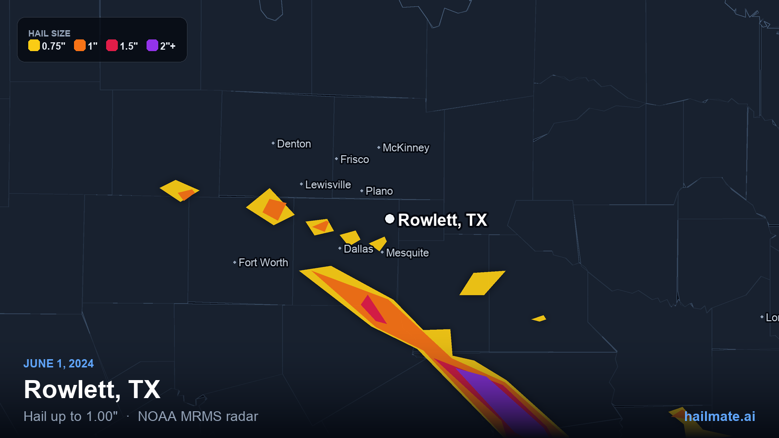 Hail swath map for Rowlett, TX on June 1, 2024 showing 1.00 inch hail.