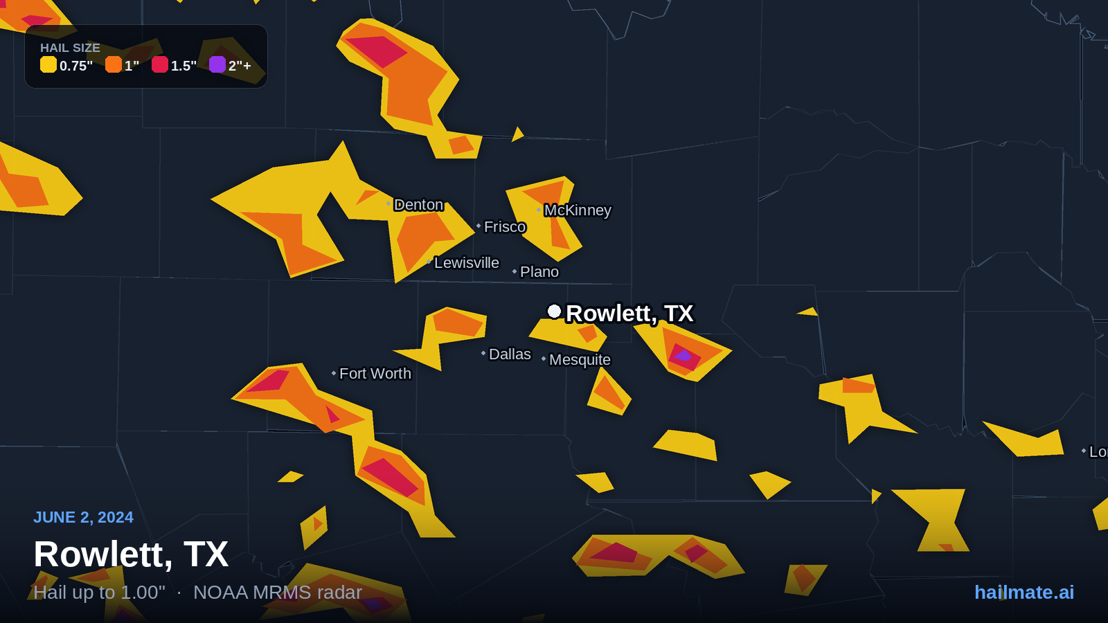Hail swath map for Rowlett, TX on June 2, 2024 showing 1.00 inch hail.
