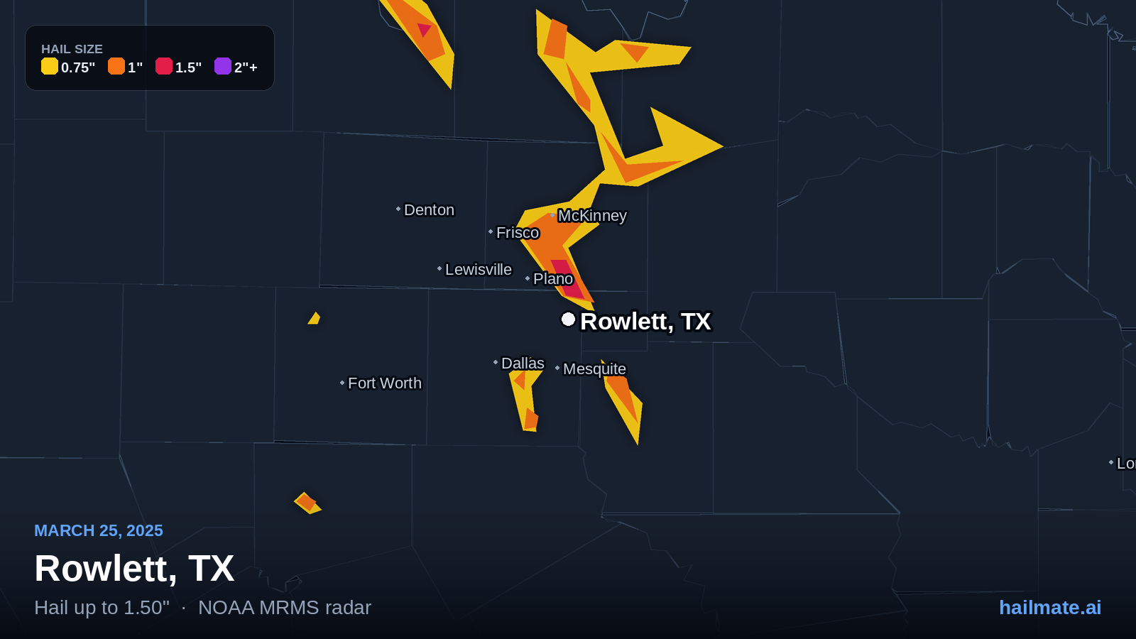 Hail swath map for Rowlett, TX on March 25, 2025 showing 1.50 inch hail.