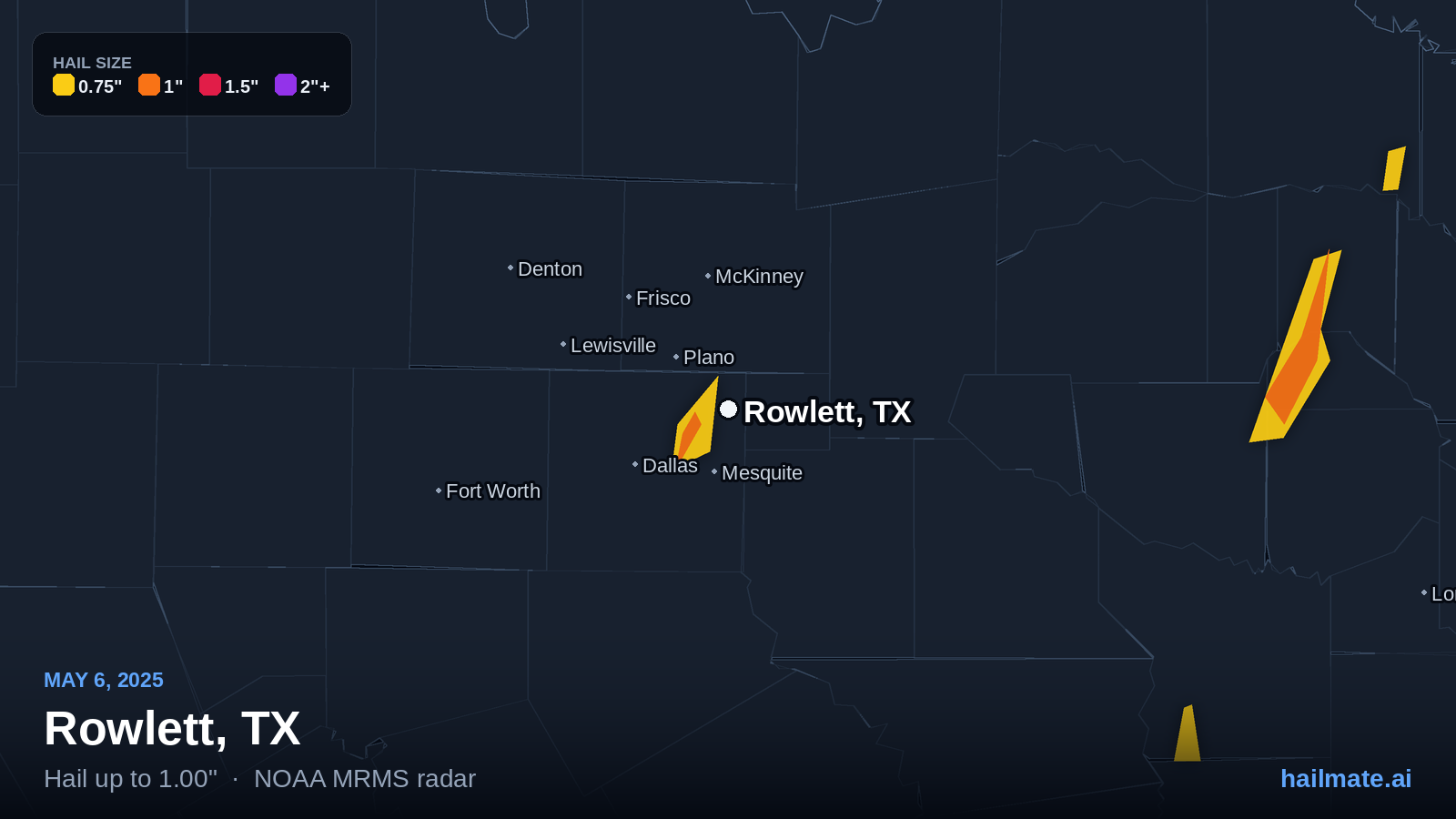 Hail swath map for Rowlett, TX on May 6, 2025 showing 1.00 inch hail.