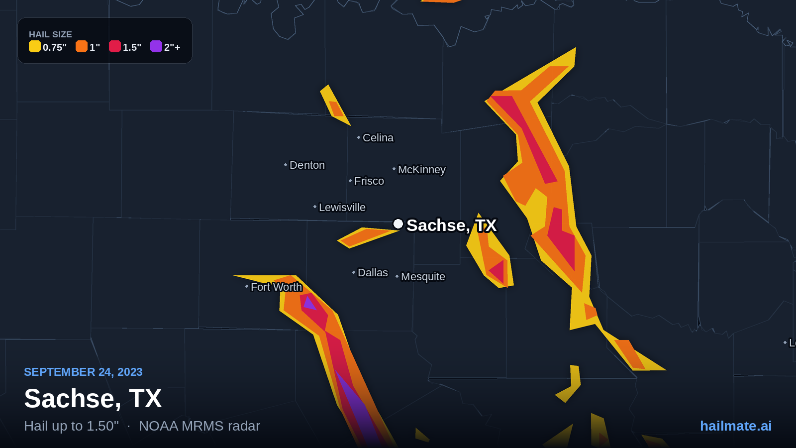 Hail swath map for Sachse, TX on September 24, 2023 showing 1.50 inch hail.