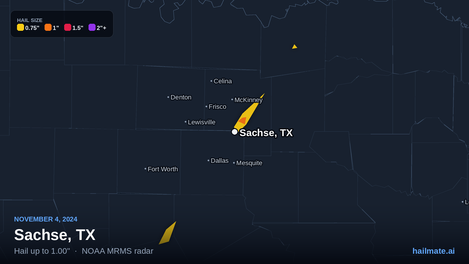 Hail swath map for Sachse, TX on November 4, 2024 showing 1.00 inch hail.