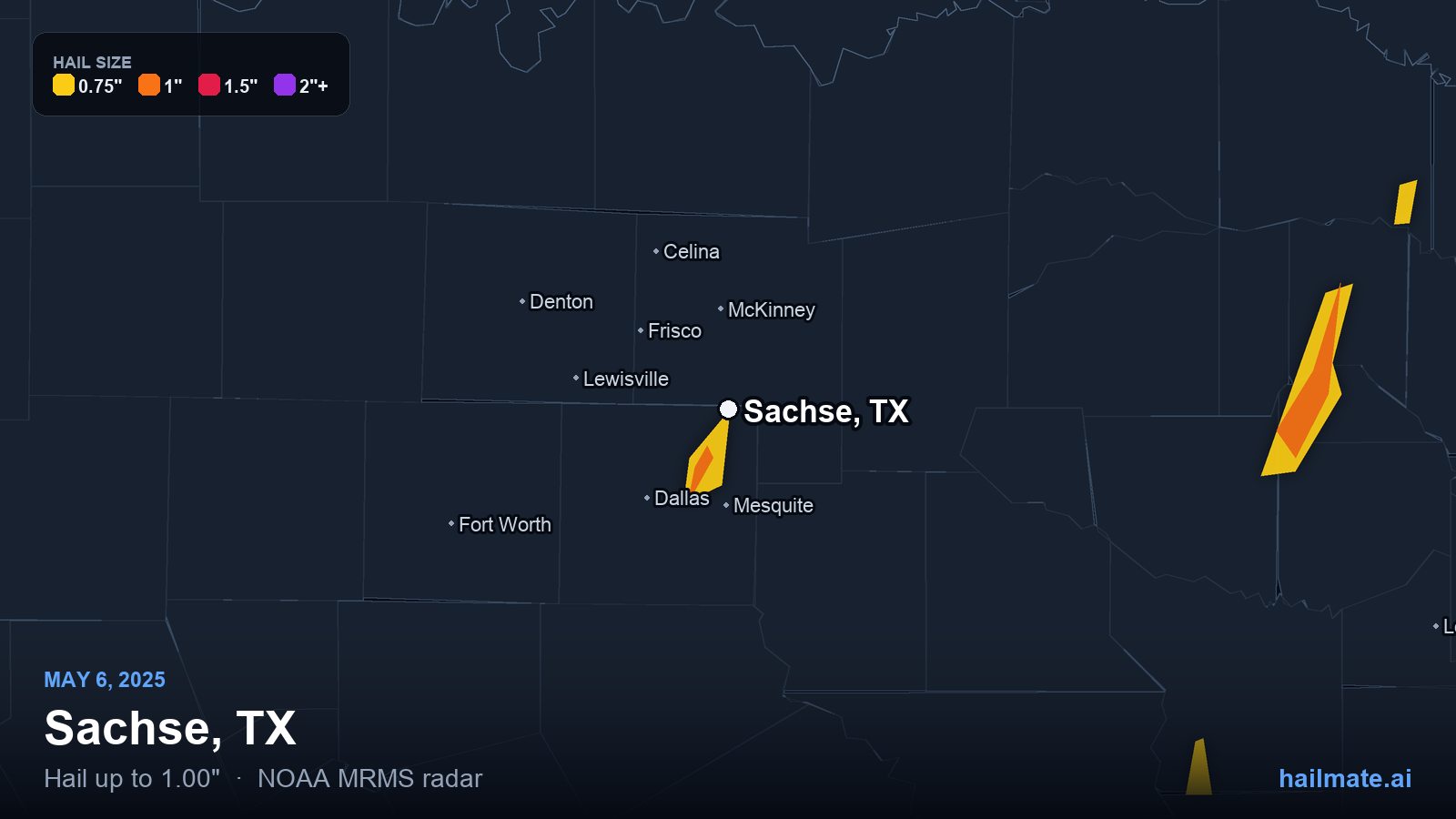 Hail swath map for Sachse, TX on May 6, 2025 showing 1.00 inch hail.