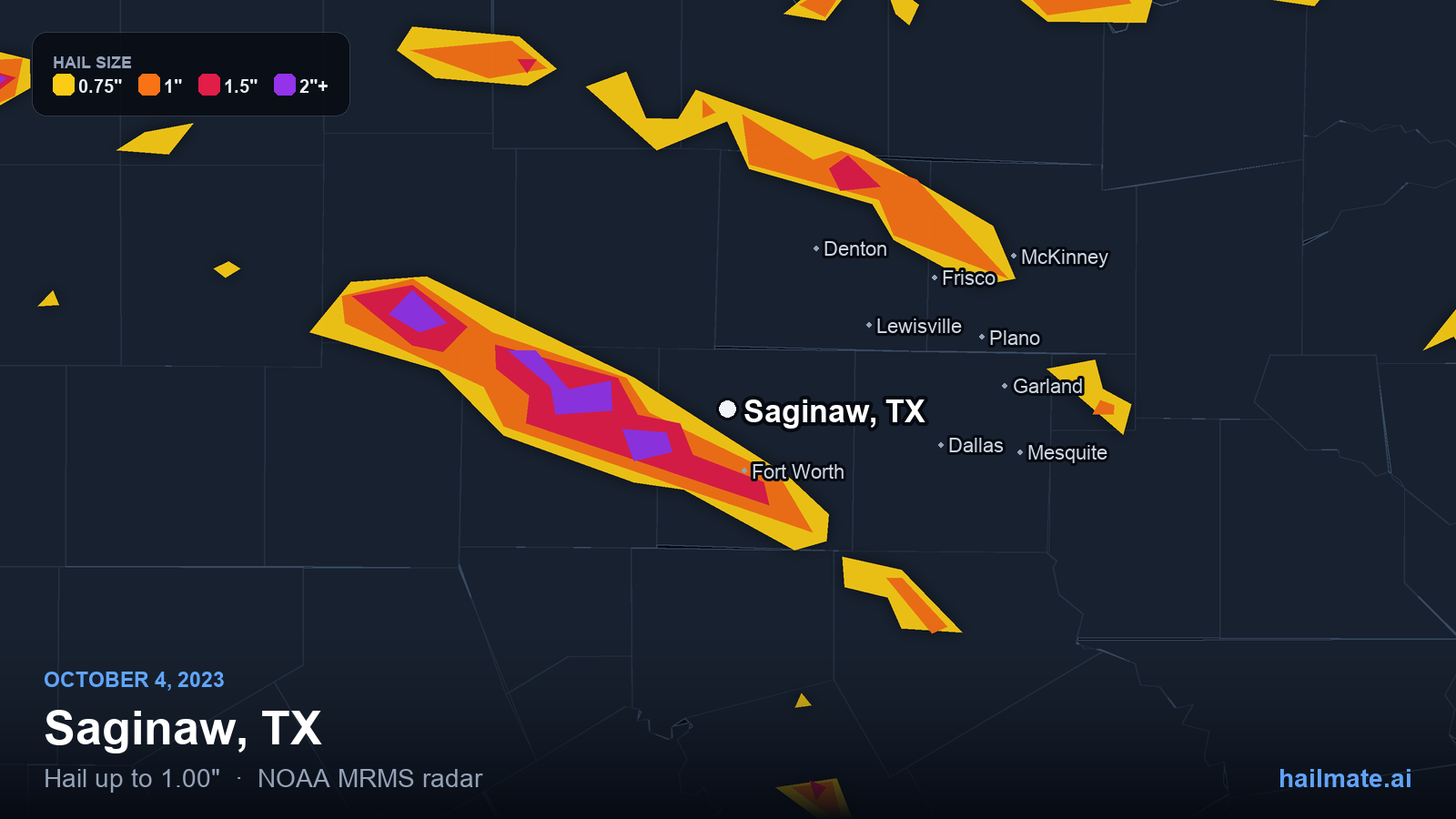 Hail swath map for Saginaw, TX on October 4, 2023 showing 1.00 inch hail.