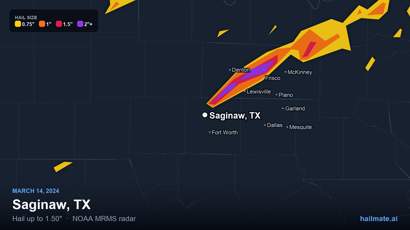 Hail swath map for Saginaw, TX on March 14, 2024 showing 1.50 inch hail.