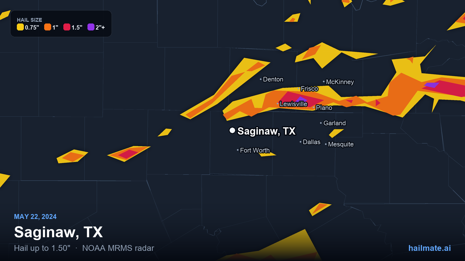 Hail swath map for Saginaw, TX on May 22, 2024 showing 1.50 inch hail.