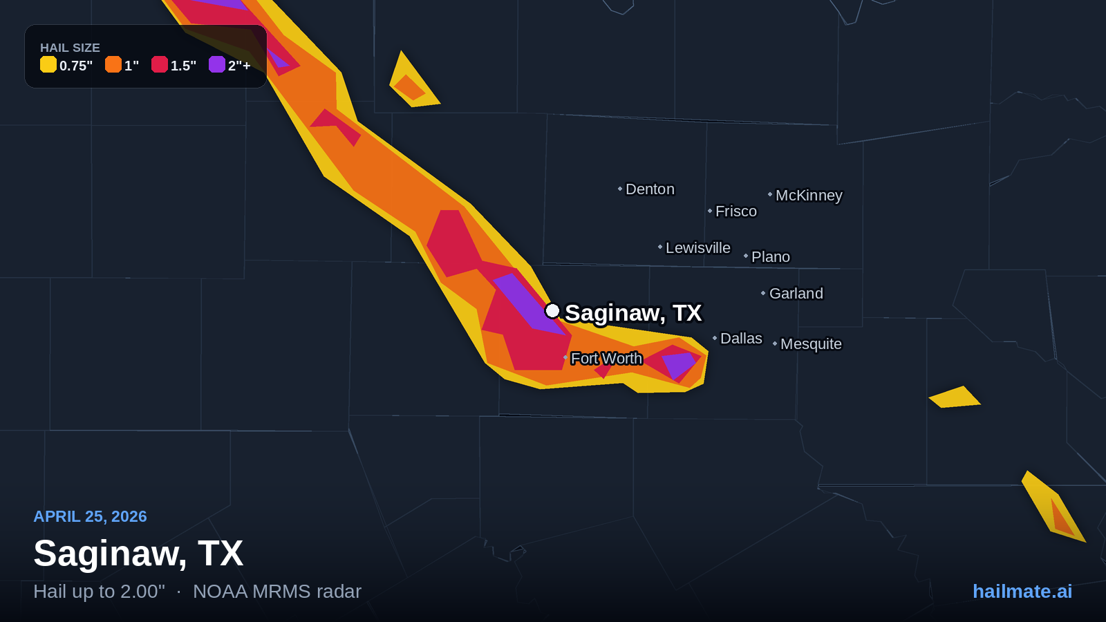 Hail swath map for Saginaw, TX on April 25, 2026 showing 2.00 inch hail.