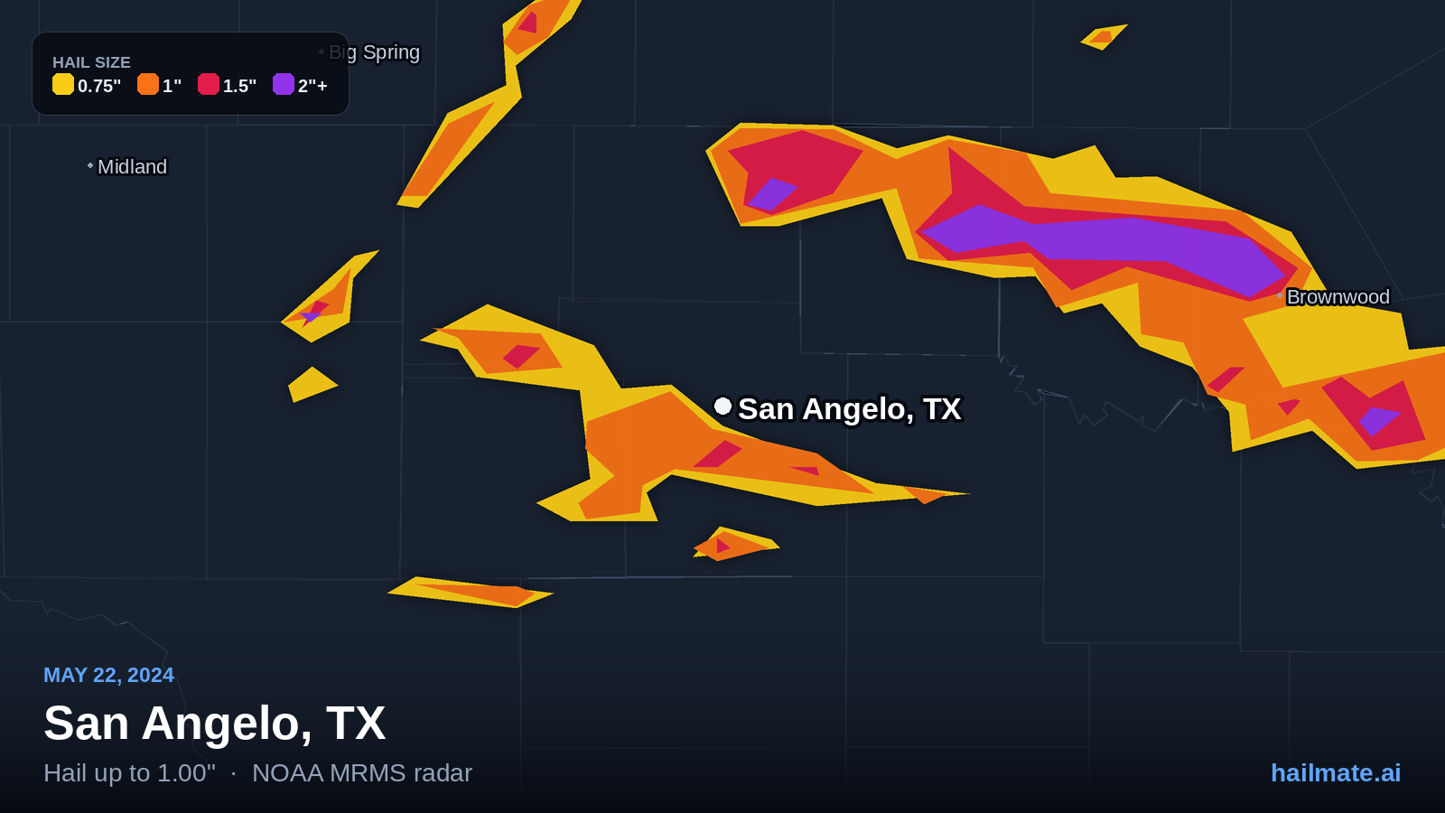 Hail swath map for San Angelo, TX on May 22, 2024 showing 1.00 inch hail.