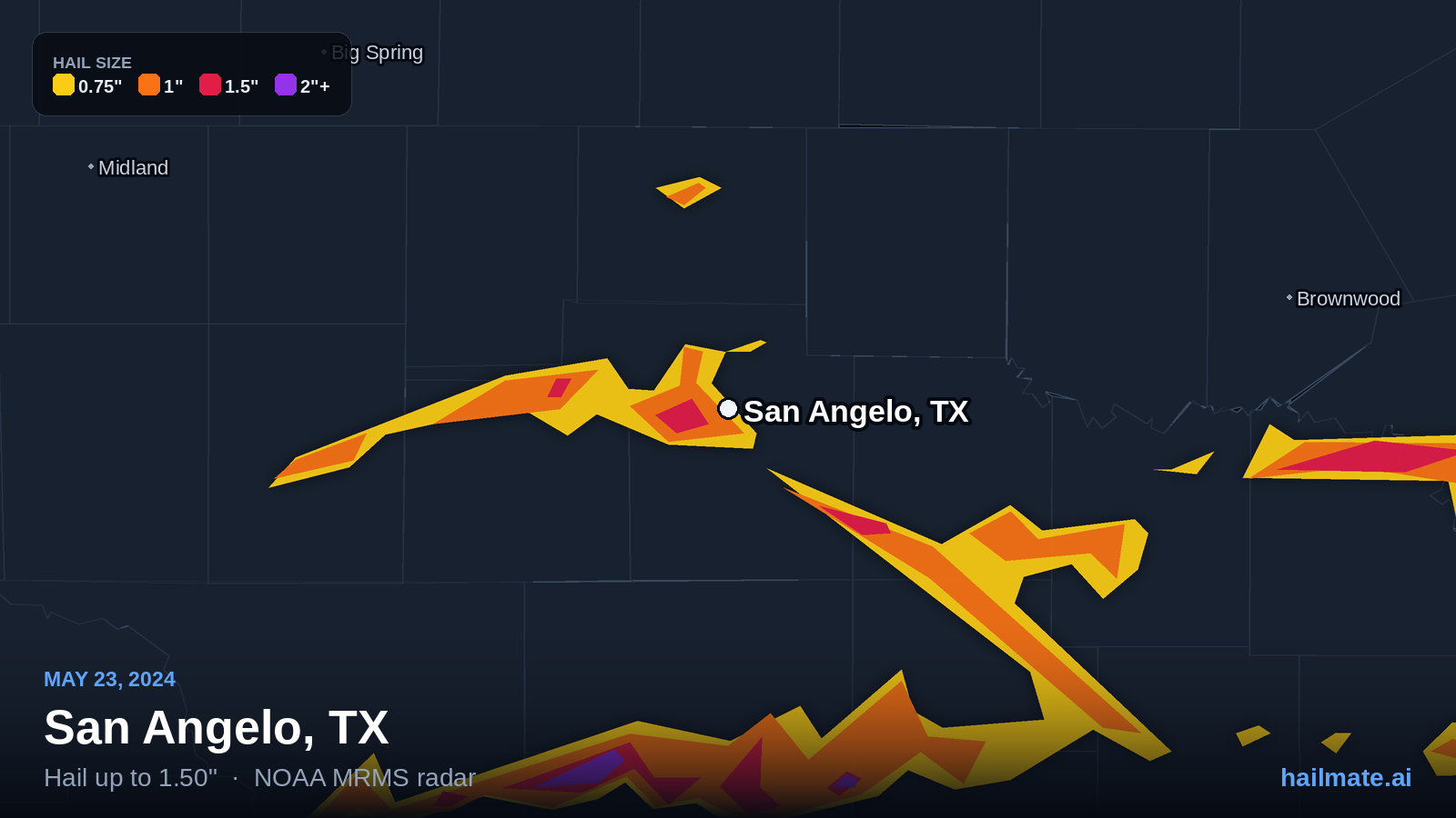 Hail swath map for San Angelo, TX on May 23, 2024 showing 1.50 inch hail.