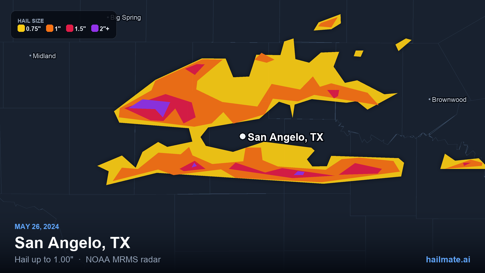 Hail swath map for San Angelo, TX on May 26, 2024 showing 1.00 inch hail.