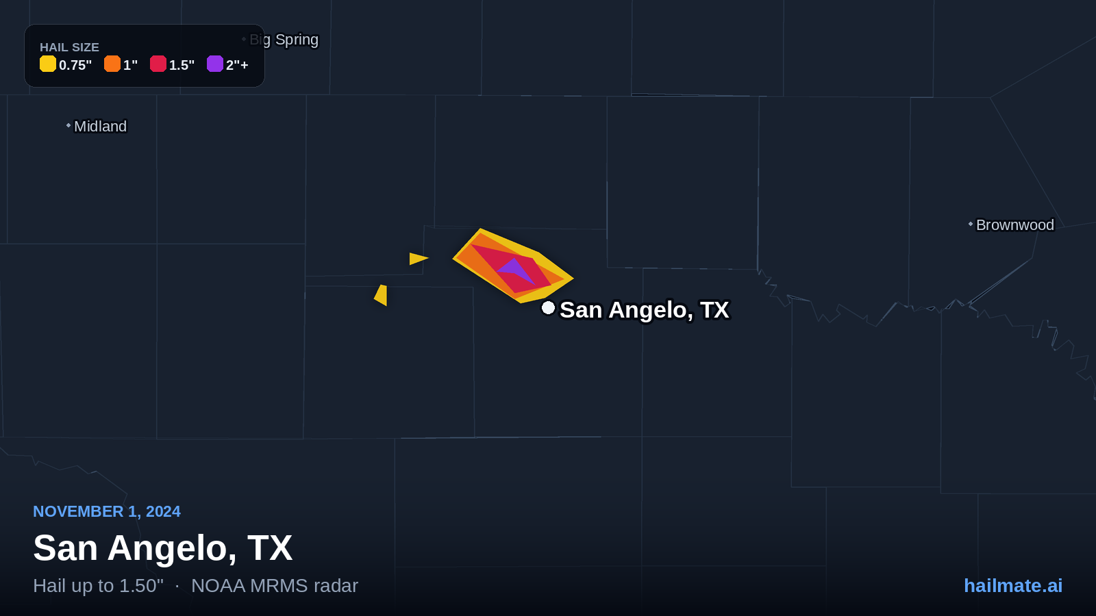 Hail swath map for San Angelo, TX on November 1, 2024 showing 1.50 inch hail.