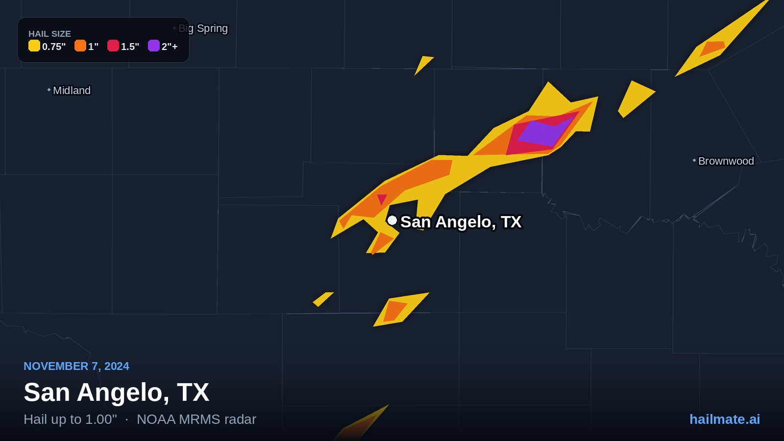 Hail swath map for San Angelo, TX on November 7, 2024 showing 1.00 inch hail.