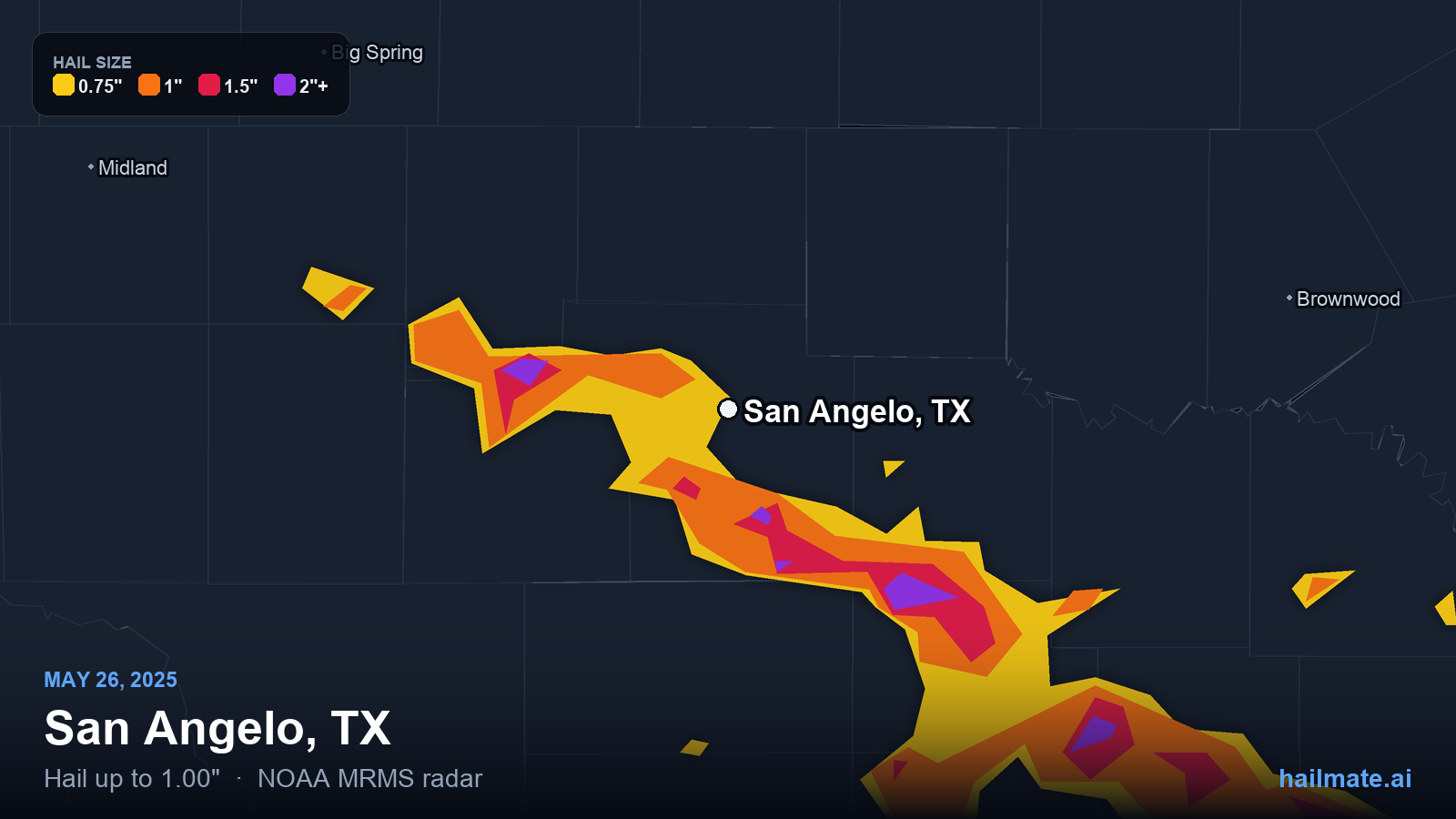 Hail swath map for San Angelo, TX on May 26, 2025 showing 1.00 inch hail.