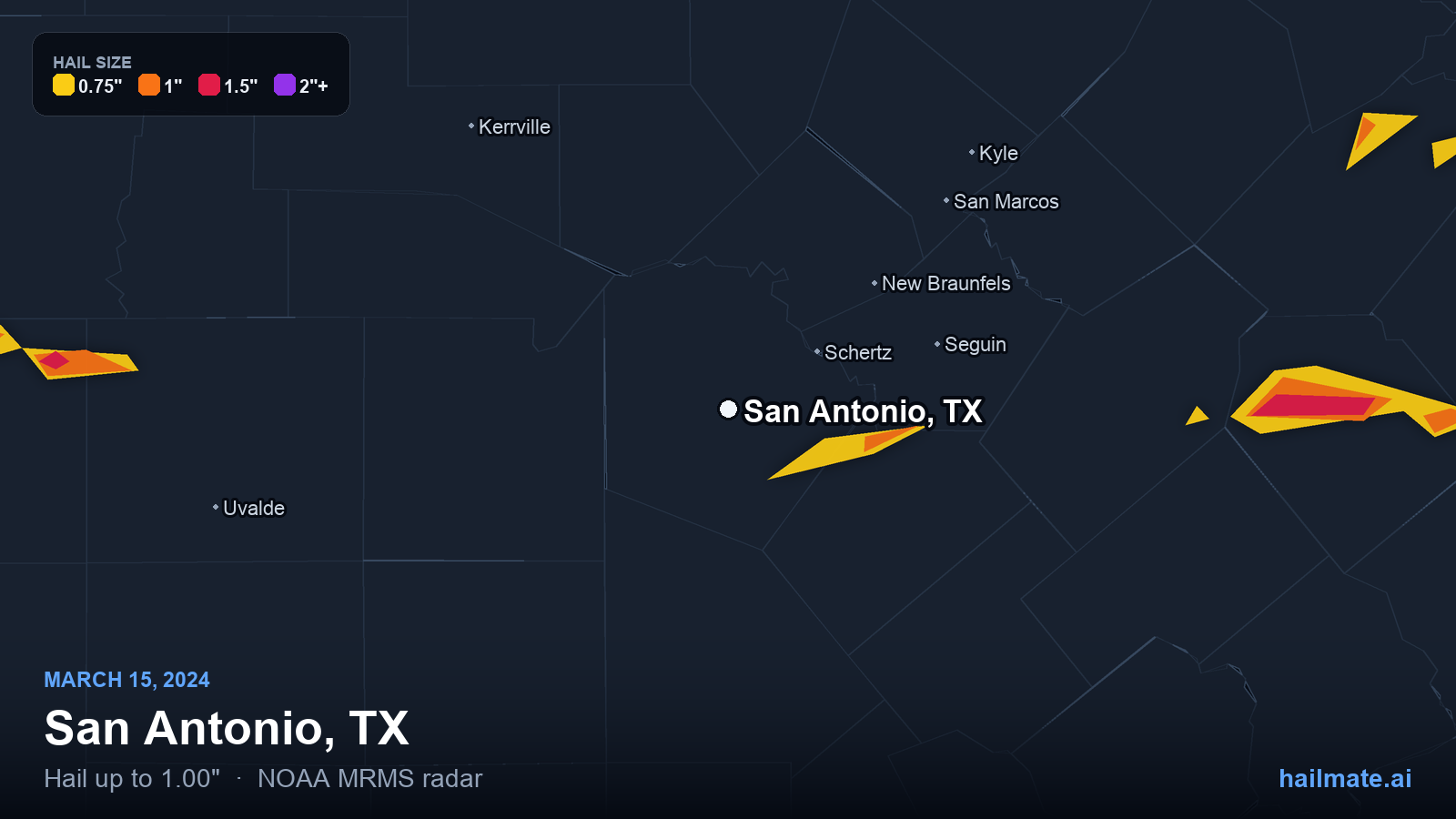 Hail swath map for San Antonio, TX on March 15, 2024 showing 1.00 inch hail.
