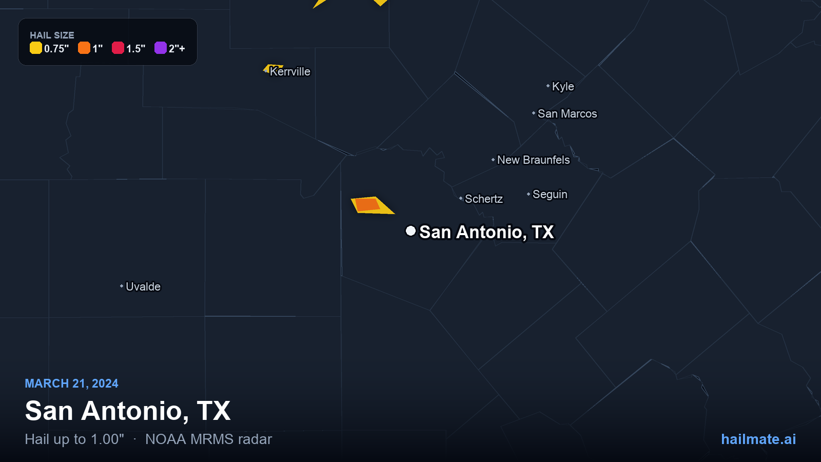 Hail swath map for San Antonio, TX on March 21, 2024 showing 1.00 inch hail.