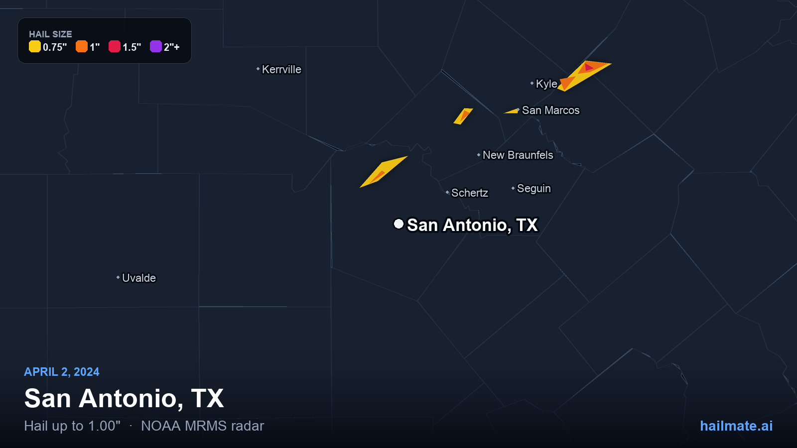 Hail swath map for San Antonio, TX on April 2, 2024 showing 1.00 inch hail.
