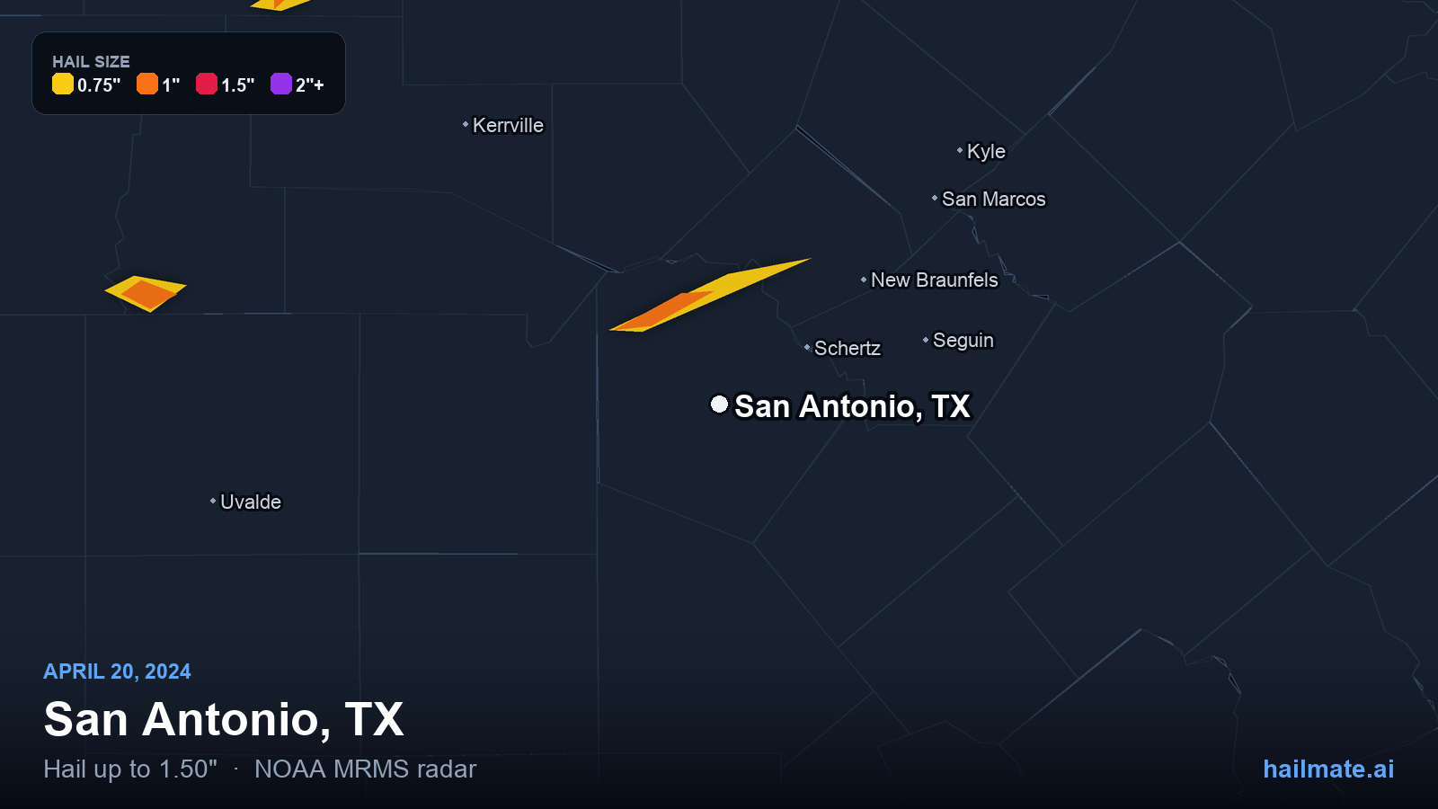 Hail swath map for San Antonio, TX on April 20, 2024 showing 1.50 inch hail.