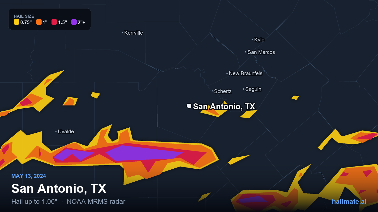 Hail swath map for San Antonio, TX on May 13, 2024 showing 1.00 inch hail.