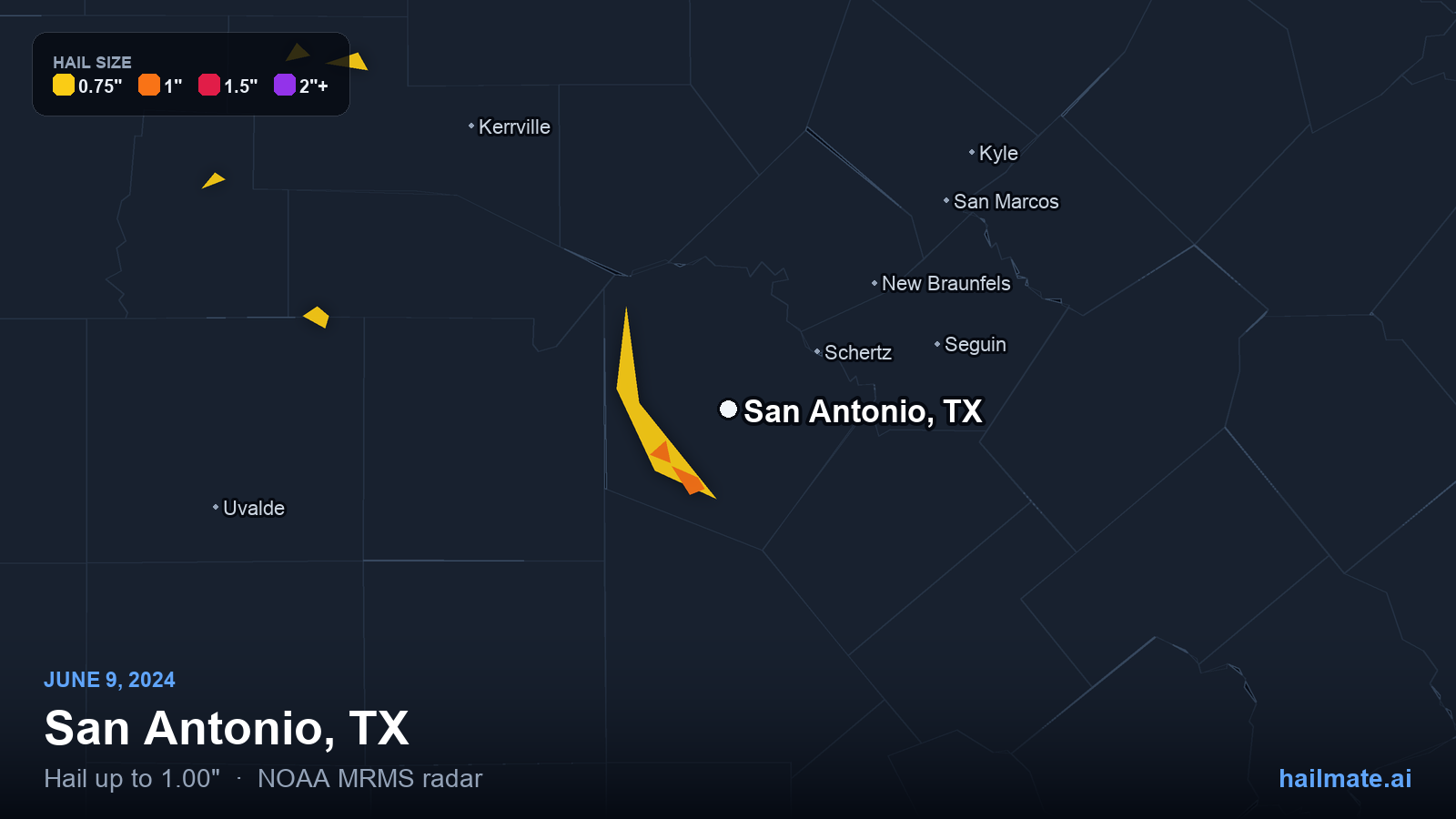 Hail swath map for San Antonio, TX on June 9, 2024 showing 1.00 inch hail.