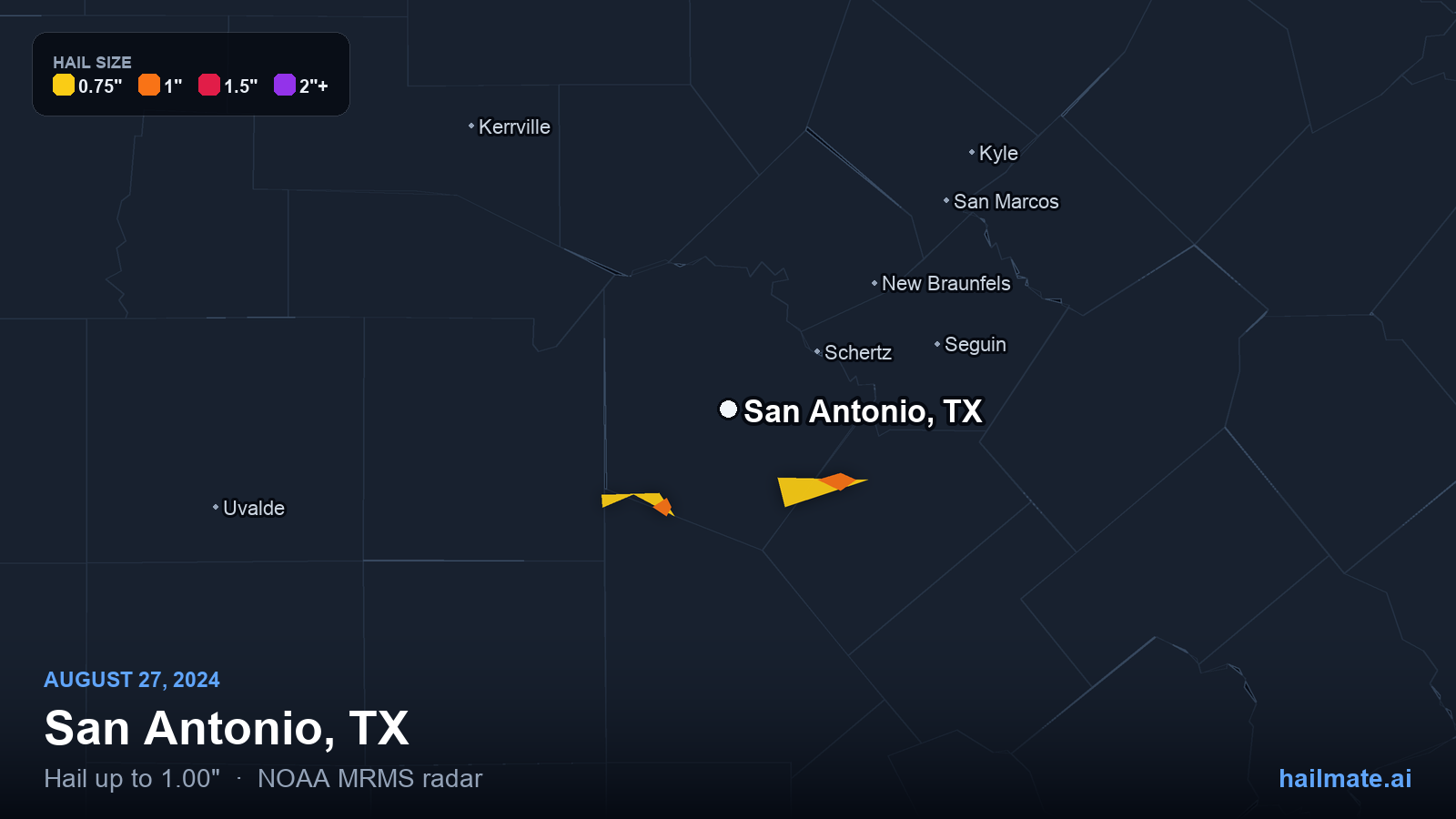 Hail swath map for San Antonio, TX on August 27, 2024 showing 1.00 inch hail.