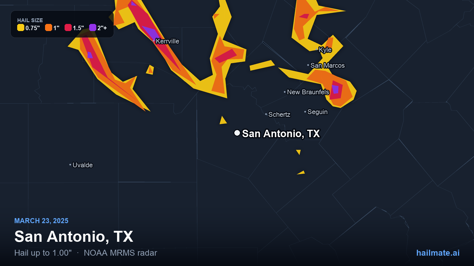 Hail swath map for San Antonio, TX on March 23, 2025 showing 1.00 inch hail.