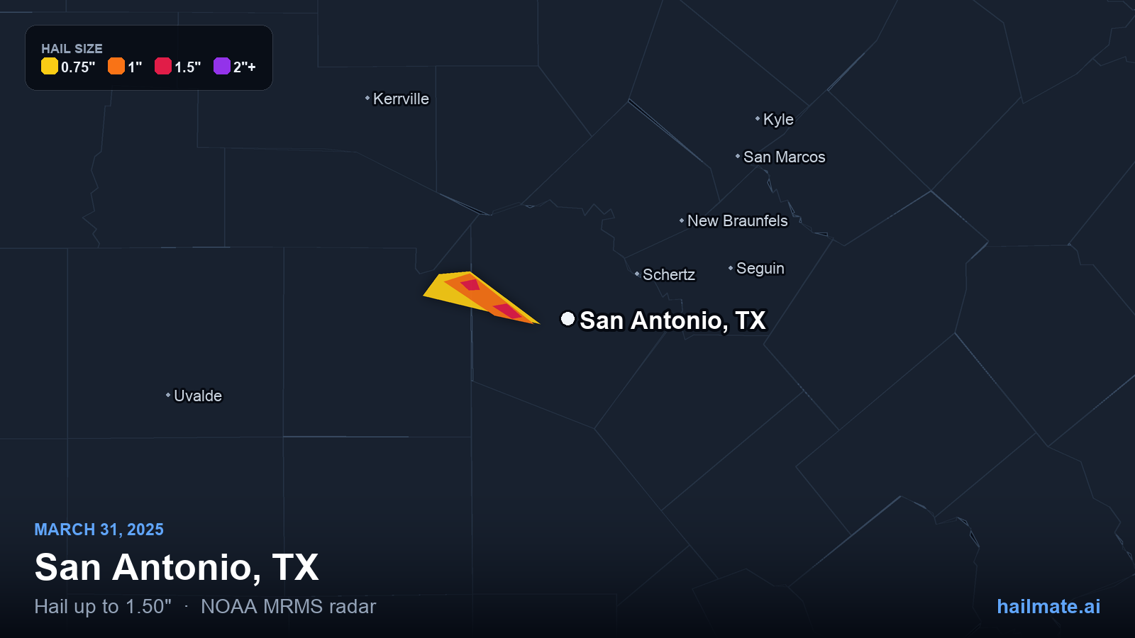 Hail swath map for San Antonio, TX on March 31, 2025 showing 1.50 inch hail.