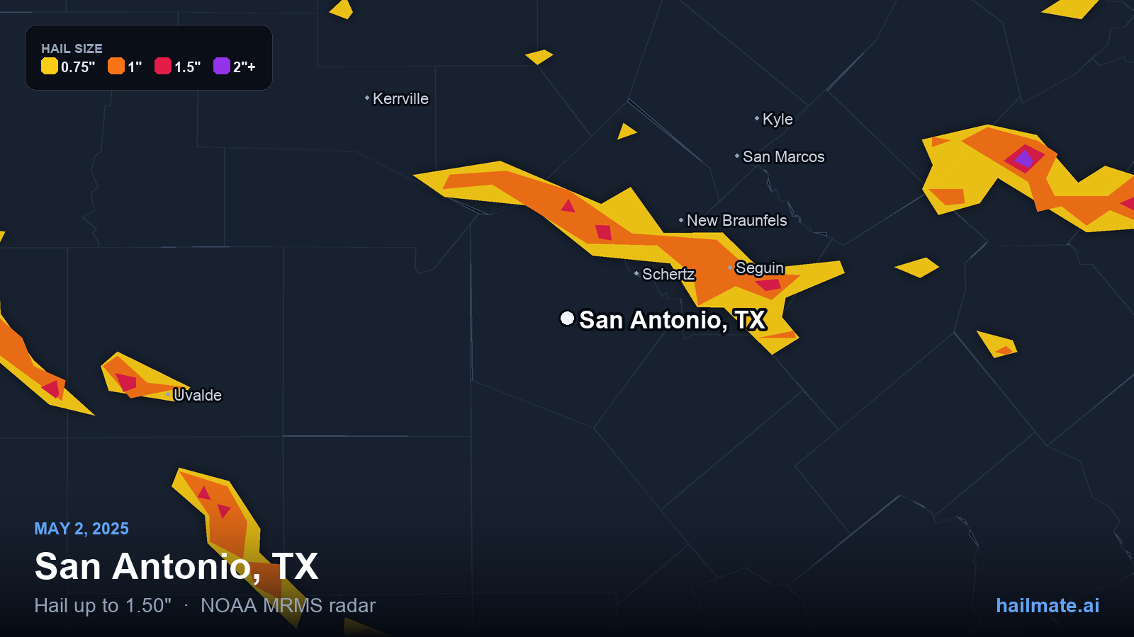 Hail swath map for San Antonio, TX on May 2, 2025 showing 1.50 inch hail.
