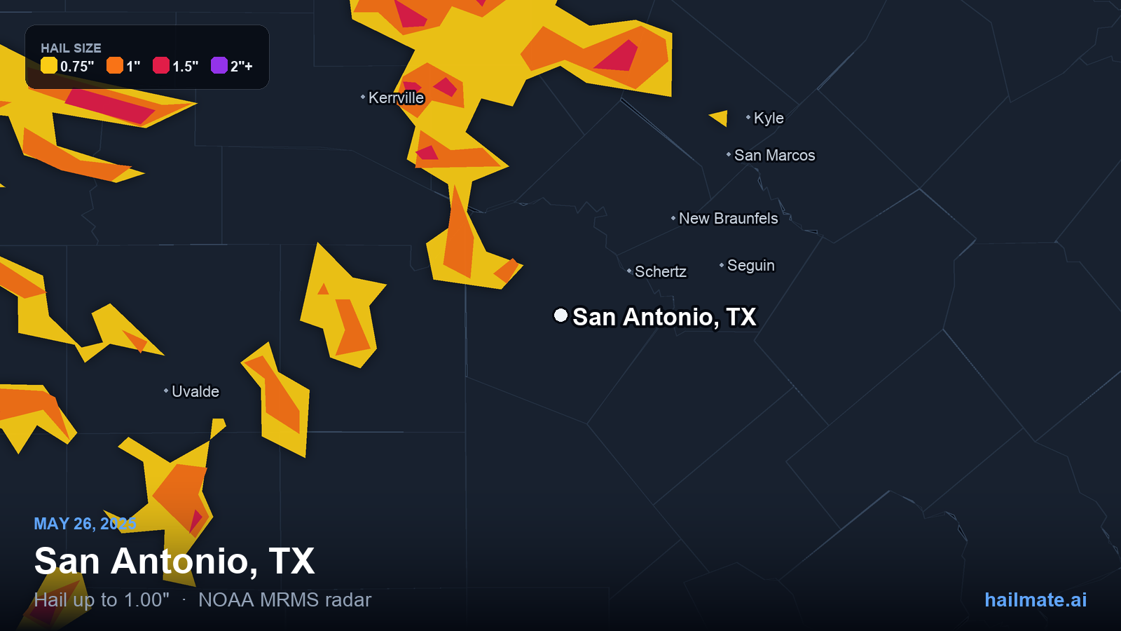 Hail swath map for San Antonio, TX on May 26, 2025 showing 1.00 inch hail.