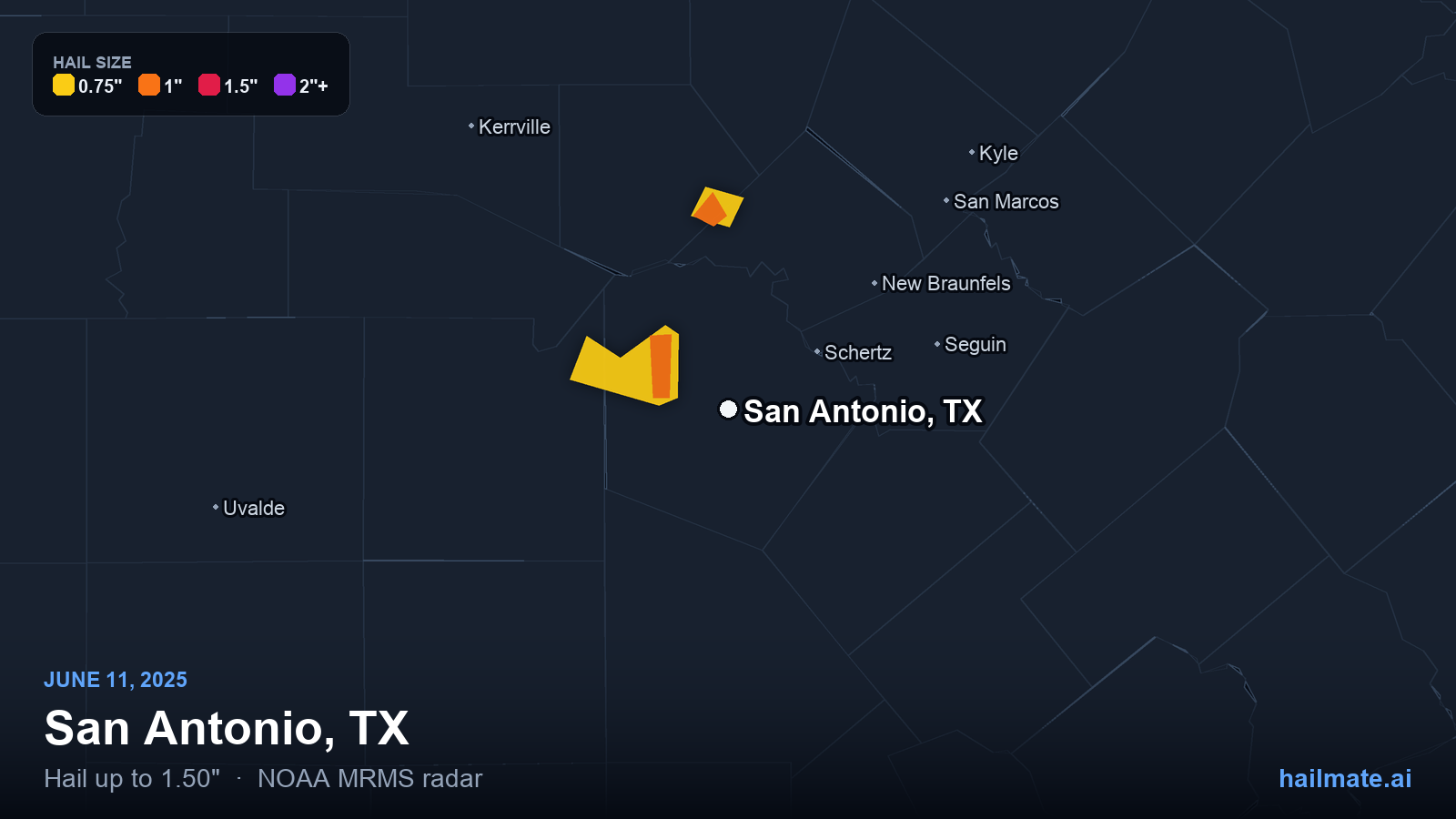 Hail swath map for San Antonio, TX on June 11, 2025 showing 1.50 inch hail.