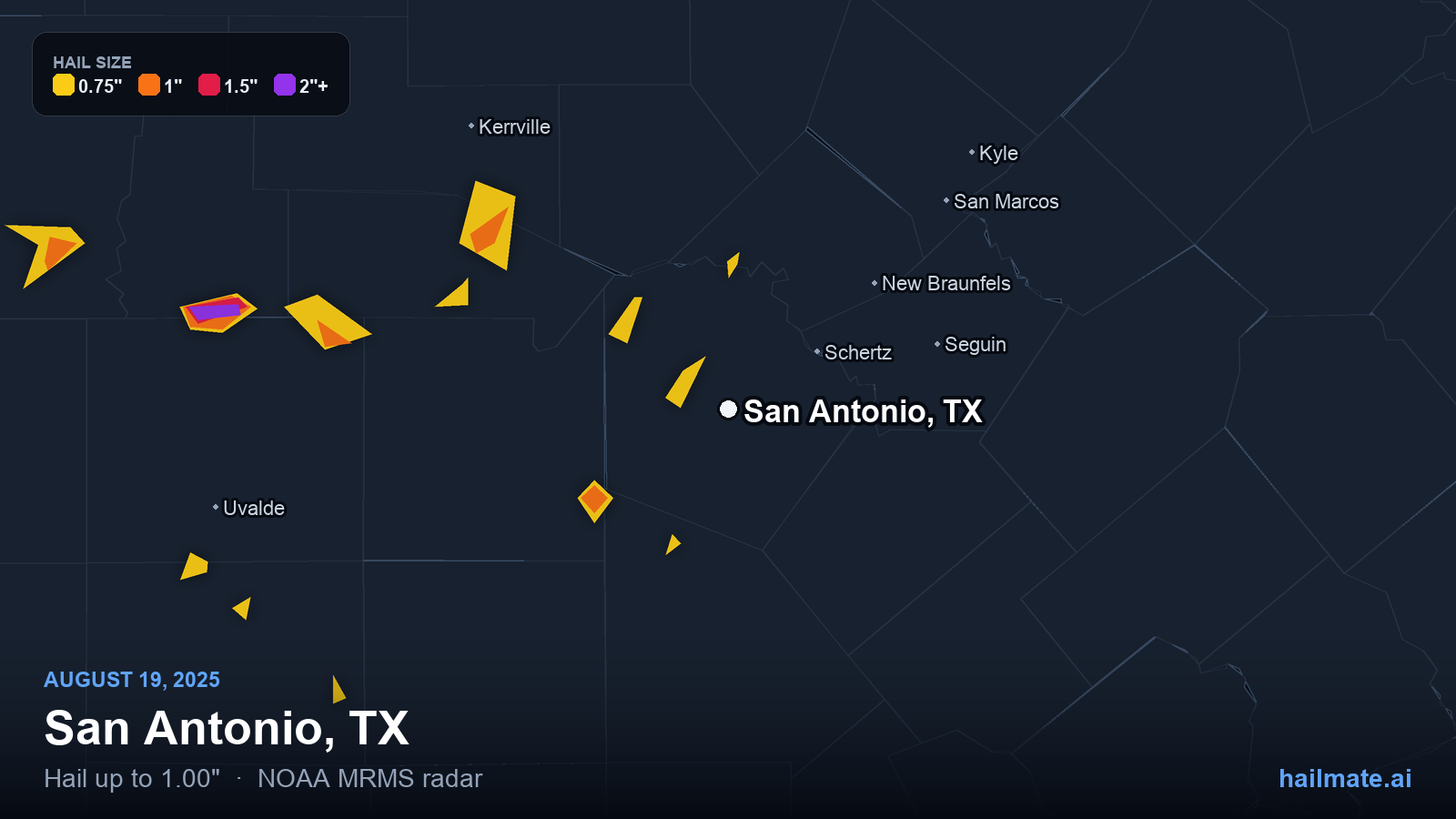 Hail swath map for San Antonio, TX on August 19, 2025 showing 1.00 inch hail.