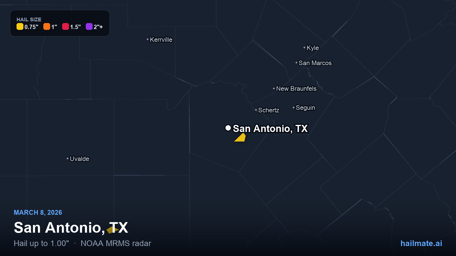 Hail swath map for San Antonio, TX on March 8, 2026 showing 1.00 inch hail.