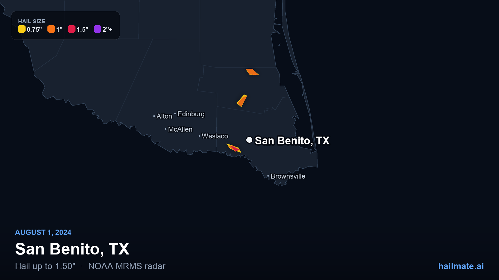 Hail swath map for San Benito, TX on August 1, 2024 showing 1.50 inch hail.