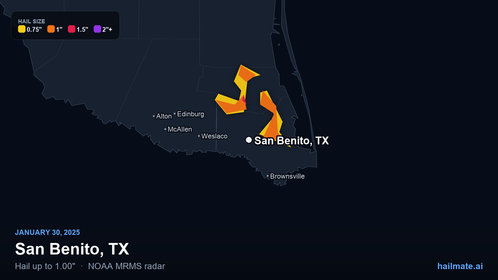 Hail swath map for San Benito, TX on January 30, 2025 showing 1.00 inch hail.