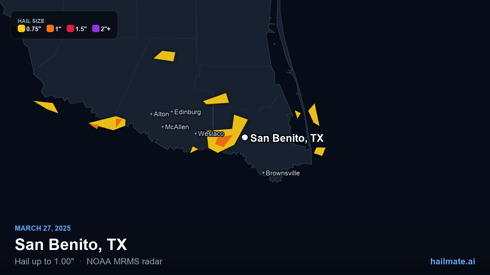 Hail swath map for San Benito, TX on March 27, 2025 showing 1.00 inch hail.