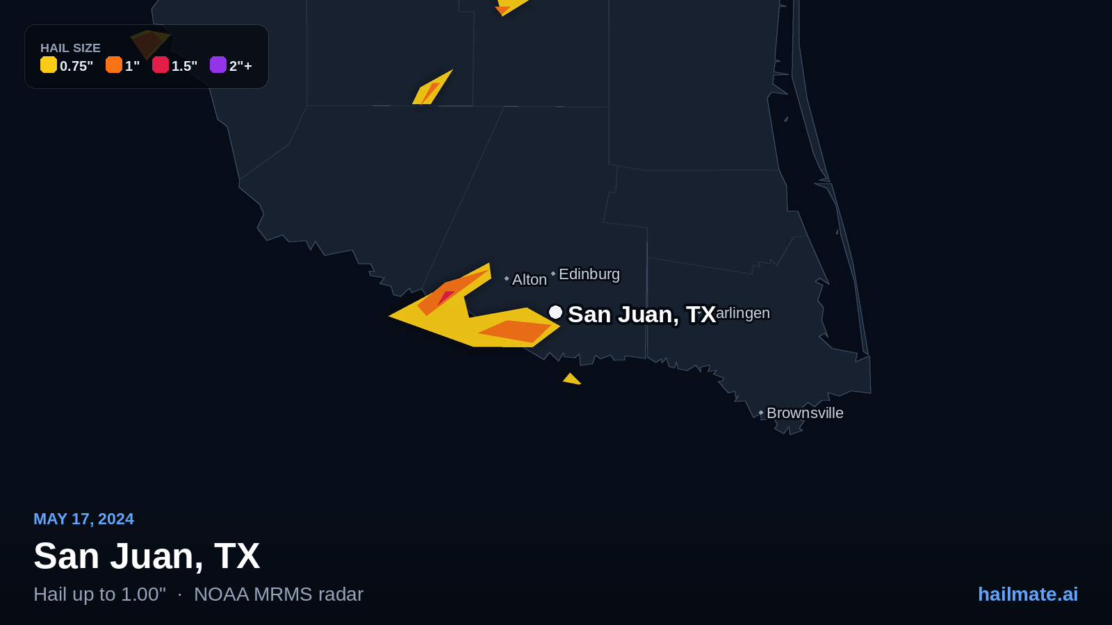 Hail swath map for San Juan, TX on May 17, 2024 showing 1.00 inch hail.