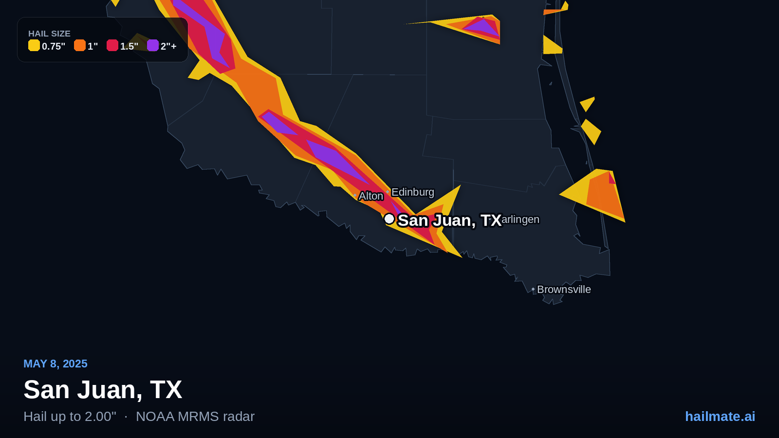 Hail swath map for San Juan, TX on May 8, 2025 showing 2.00 inch hail.