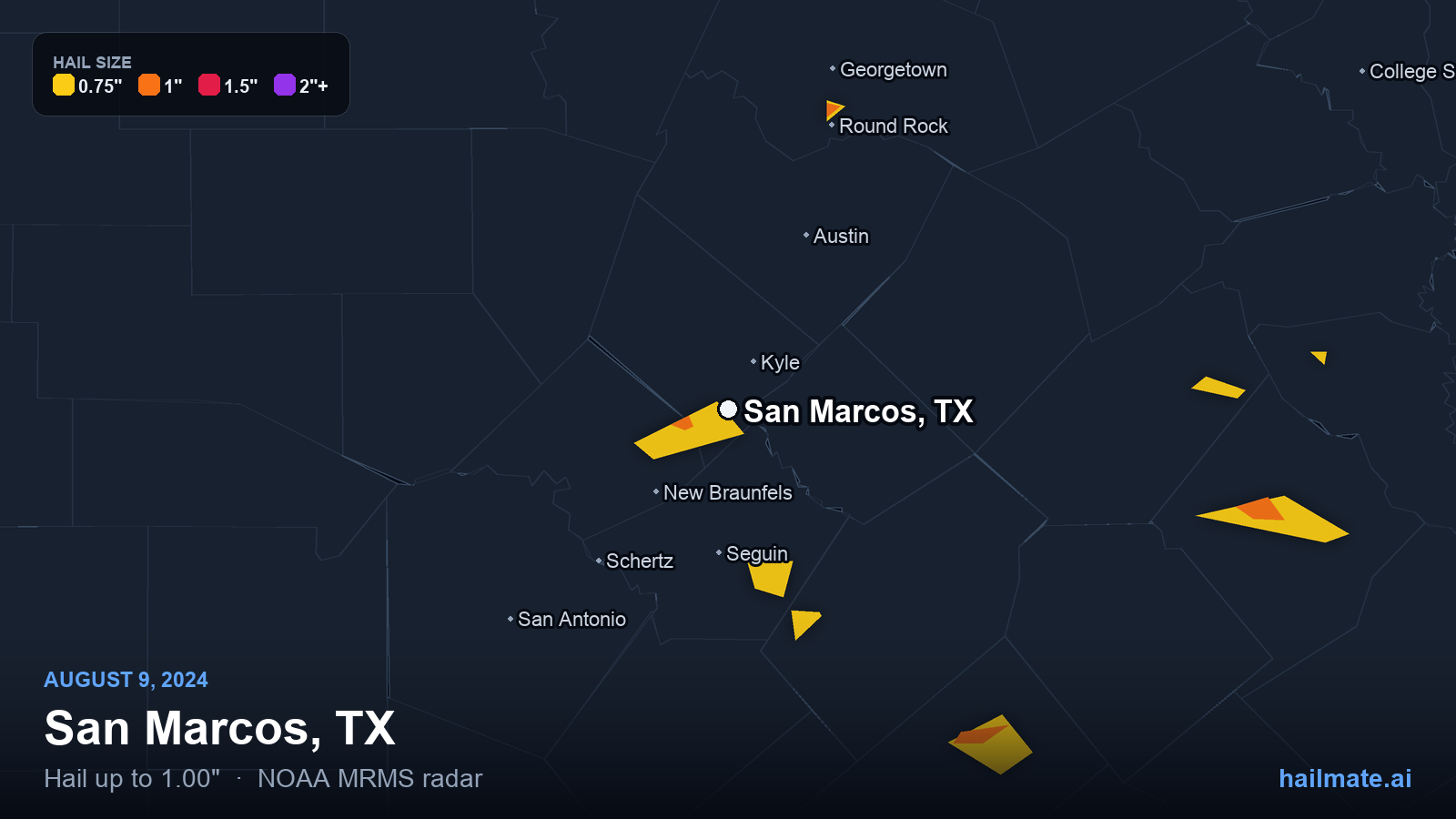 Hail swath map for San Marcos, TX on August 9, 2024 showing 1.00 inch hail.