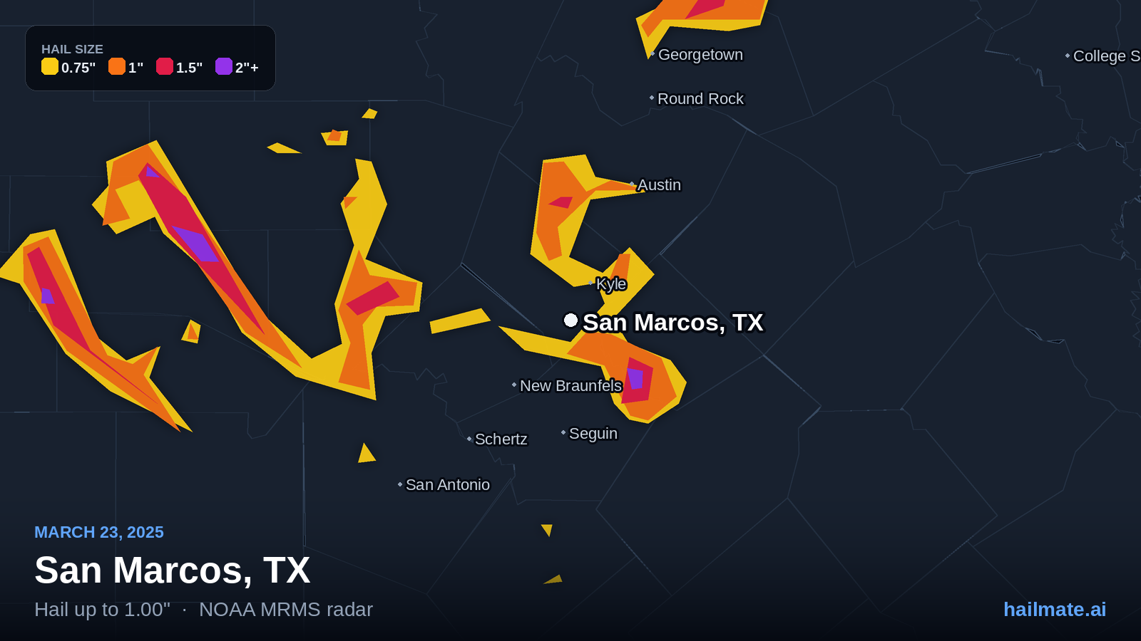 Hail swath map for San Marcos, TX on March 23, 2025 showing 1.00 inch hail.