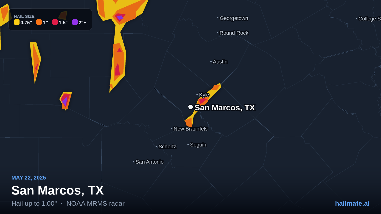 Hail swath map for San Marcos, TX on May 22, 2025 showing 1.00 inch hail.