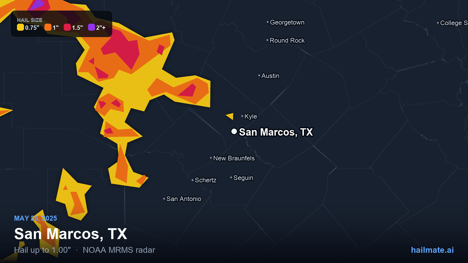 Hail swath map for San Marcos, TX on May 26, 2025 showing 1.00 inch hail.
