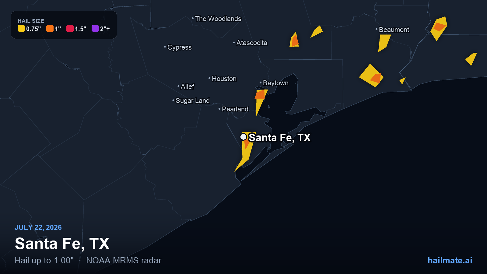 Hail swath map for Santa Fe, TX on July 22, 2026 showing 1.00 inch hail.