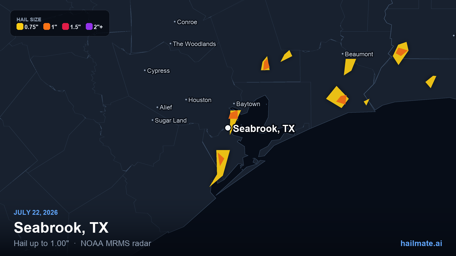 Hail swath map for Seabrook, TX on July 22, 2026 showing 1.00 inch hail.