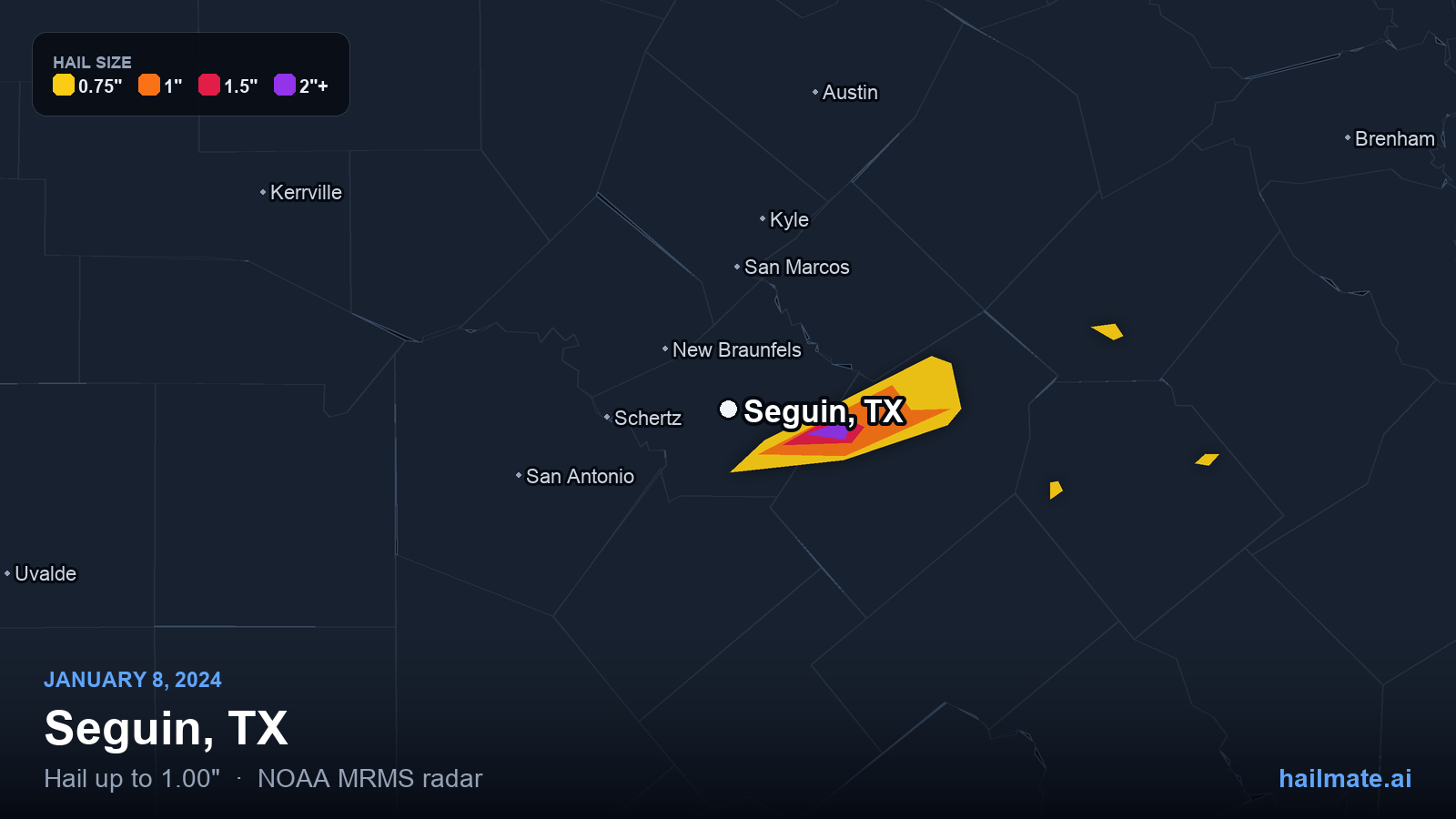 Hail swath map for Seguin, TX on January 8, 2024 showing 1.00 inch hail.