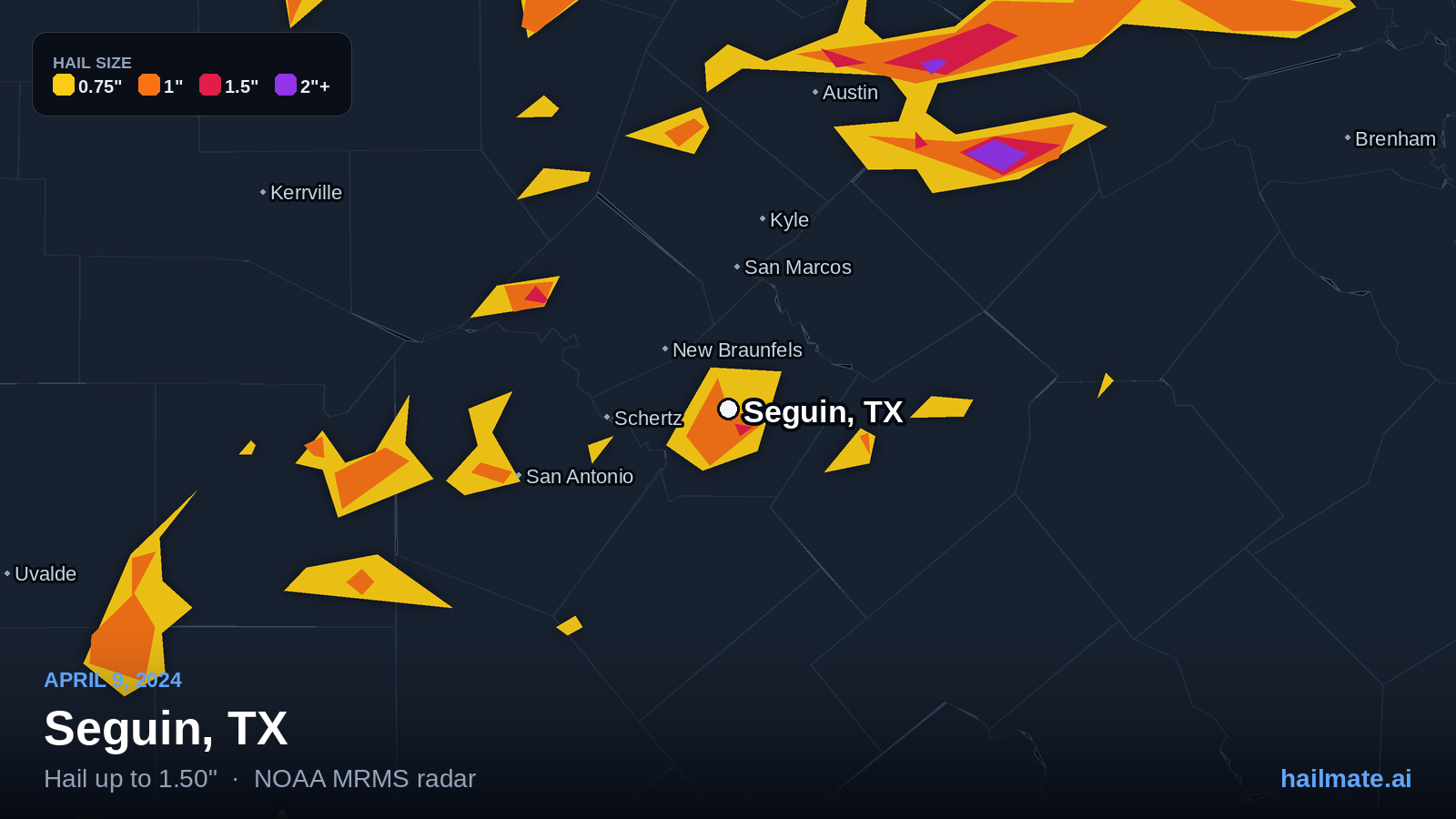 Hail swath map for Seguin, TX on April 9, 2024 showing 1.50 inch hail.