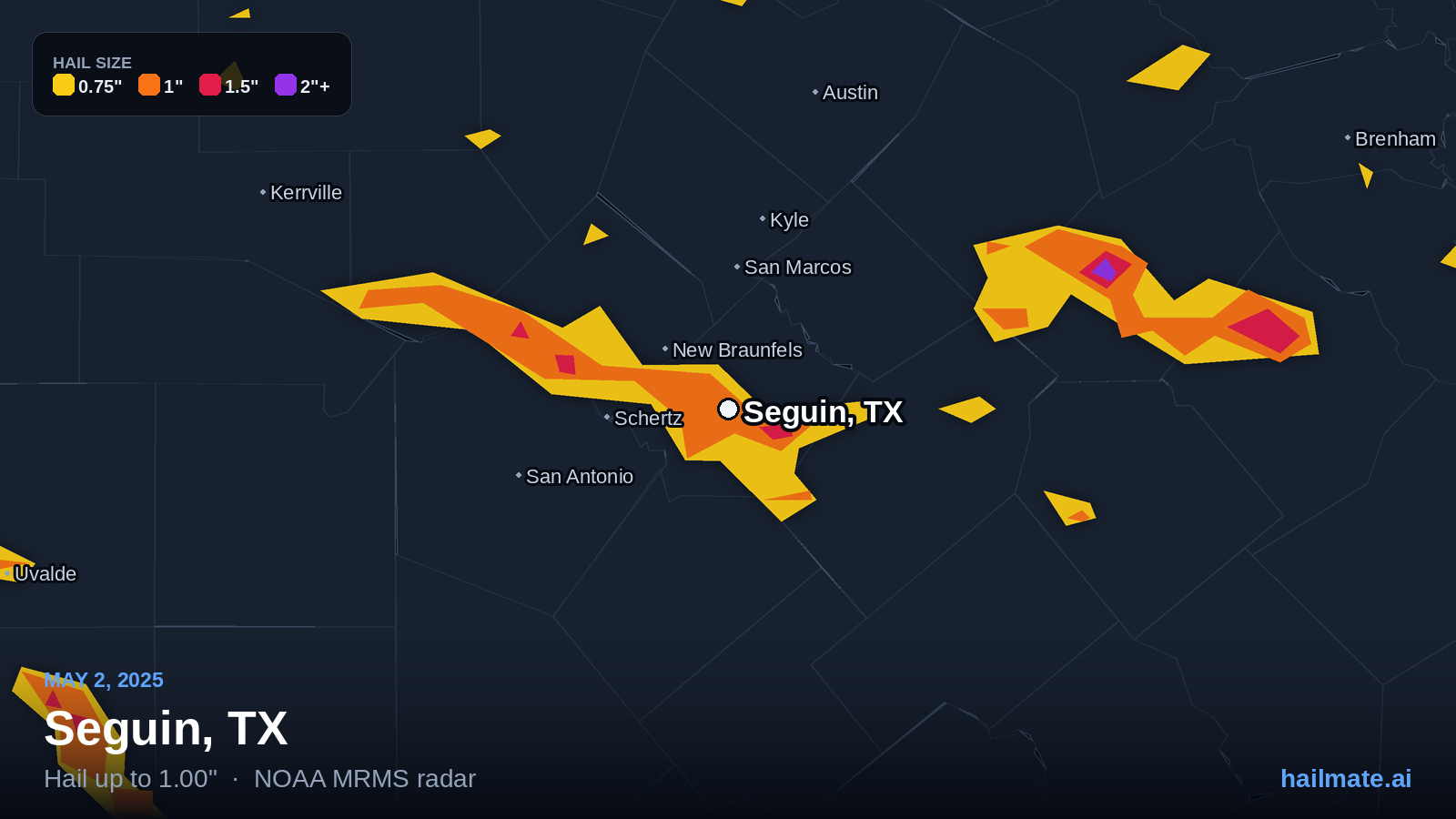 Hail swath map for Seguin, TX on May 2, 2025 showing 1.00 inch hail.