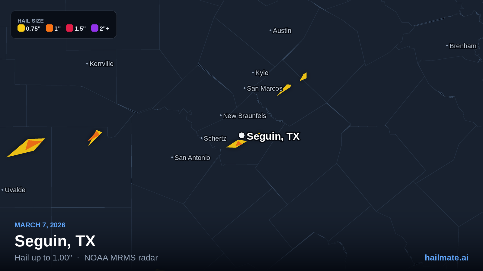 Hail swath map for Seguin, TX on March 7, 2026 showing 1.00 inch hail.