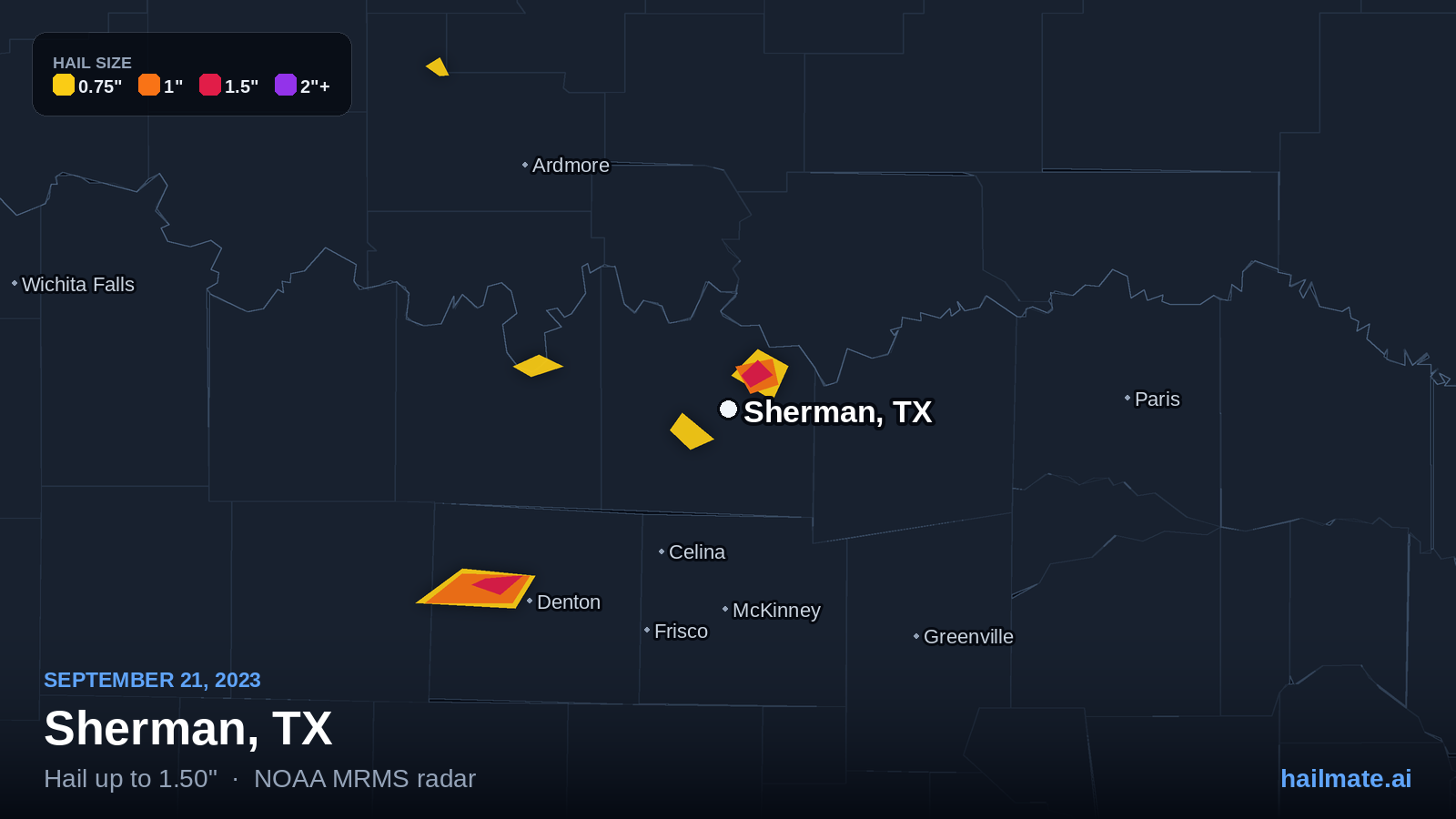 Hail swath map for Sherman, TX on September 21, 2023 showing 1.50 inch hail.